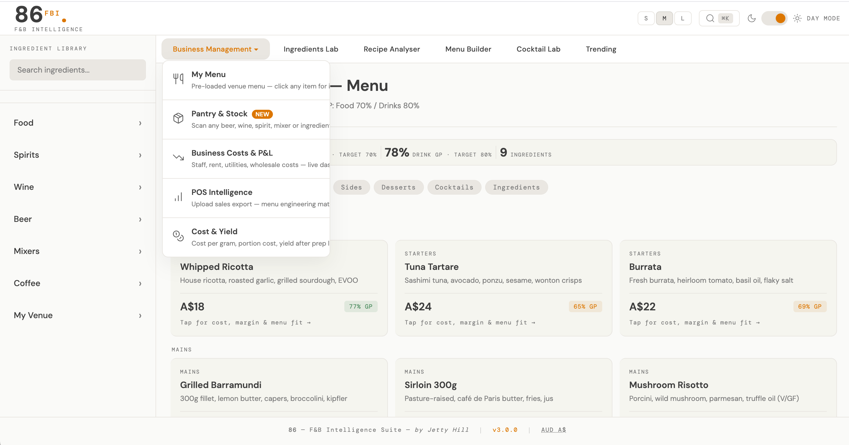 86 FBI Business Management — costs, margins, and operational metrics at a glance