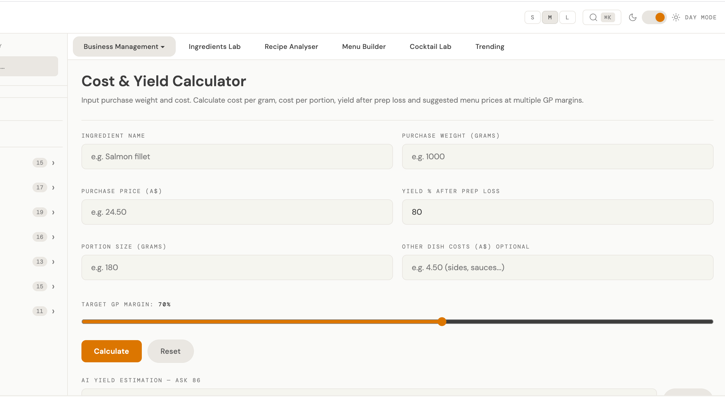 86 FBI Cost & Yield Calculator — recipe costing with ingredient yields, wastage, and per-serve margins.
